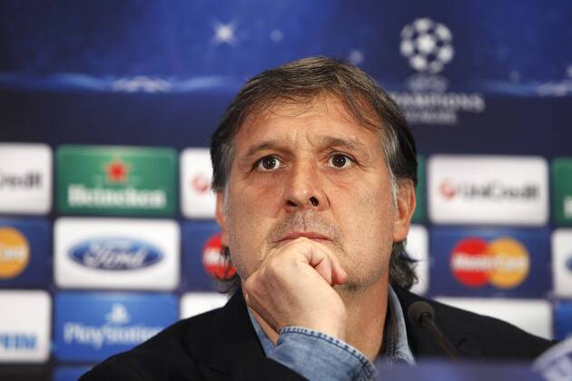 FC Barcelona s coach Gerardo Tata Martino during a press conference at the Vicente Calderon stadium in Madrid, Spain. Atletico de Madrid will face FC Barcelona in the second leg quarterfinal Champions League soccer match. April 8, 2014.  (20348016)