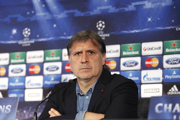 FC Barcelona s coach Gerardo Tata Martino during a press conference at the Vicente Calderon stadium in Madrid, Spain. Atletico de Madrid will face FC Barcelona in the second leg quarterfinal Champions League soccer match. April 8, 2014.  (20348081)