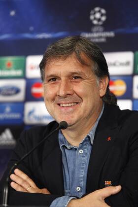 FC Barcelona s coach Gerardo Tata Martino during a press conference at the Vicente Calderon stadium in Madrid, Spain. Atletico de Madrid will face FC Barcelona in the second leg quarterfinal Champions League soccer match. April 8, 2014.  (20348107)
