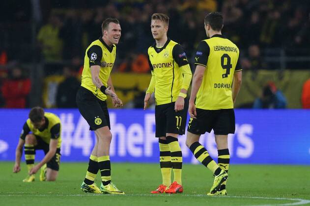 08.04.2014, xgsx, Fussball Champions League, Borussia Dortmund - Real Madrid, v.l. Kevin Grosskreutz (BVB Borussia Dortmund - 19) - Marco Reus (BVB Borussia Dortmund - 11) - Robert Lewandowski (BVB Borussia Dortmund - 9) bejubeln das 1-0 durch Robert Lewandowski (BVB Borussia Dortmund - 9)