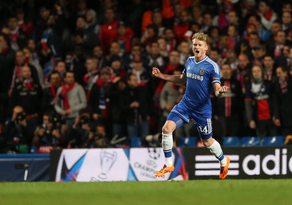 Chelsea s Andre Schurrle celebrates scoring his sides opening goal Chelsea vs Paris Saint Germain- Champions League, Knockout - Stamford Bridge - London - England - 08 04 2014 - Pic David Klein Sportimage EDITORIAL USE ONLY. No use with unauthorised audio, video, data, fixture lists, club league logos or live services. Online in-match use limited to 120 images, no video emulation. No use in betting, games or single club league player publications.