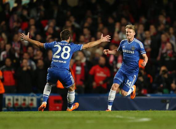 Chelsea s Andre Schurrle celebrates scoring his sides opening goal Chelsea vs Paris Saint Germain- Champions League, Knockout - Stamford Bridge - London - England - 08 04 2014 - Pic David Klein Sportimage EDITORIAL USE ONLY. No use with unauthorised audio, video, data, fixture lists, club league logos or live services. Online in-match use limited to 120 images, no video emulation. No use in betting, games or single club league player publications.