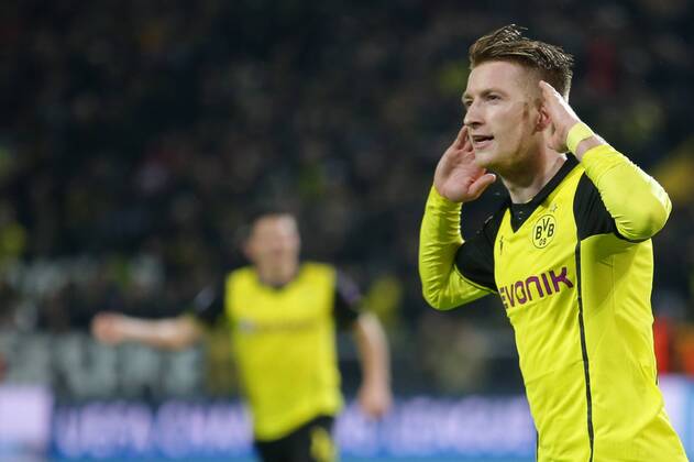 08.04.2014, xgsx, Fussball Champions League, Borussia Dortmund - Real Madrid, v.l. Marco Reus (BVB Borussia Dortmund - 11) bejubelt sein Tor zum 2-0