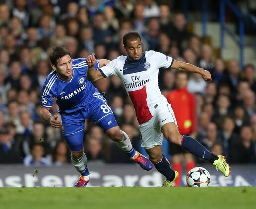 Chelsea s Frank Lampard tussles with PSG s Lucas Chelsea vs Paris Saint Germain- Champions League, Knockout - Stamford Bridge - London - England - 08 04 2014 - Pic David Klein Sportimage EDITORIAL USE ONLY. No use with unauthorised audio, video, data, fixture lists, club league logos or live services. Online in-match use limited to 120 images, no video emulation. No use in betting, games or single club league player publications.