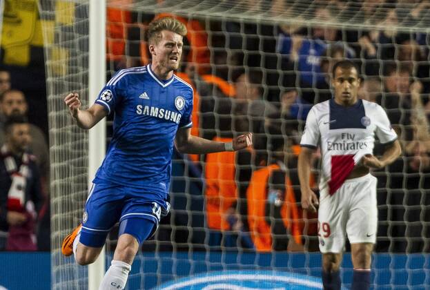 08.04.2014 London, England. Chelsea forward Andre SchÃ¼rrle (14) celebrates scoring the opening goal during the UEFA Champions League match between Chelsea and Paris St-Germain from Stamford Bridge xDavidxFearnx  ActionPlus20349225