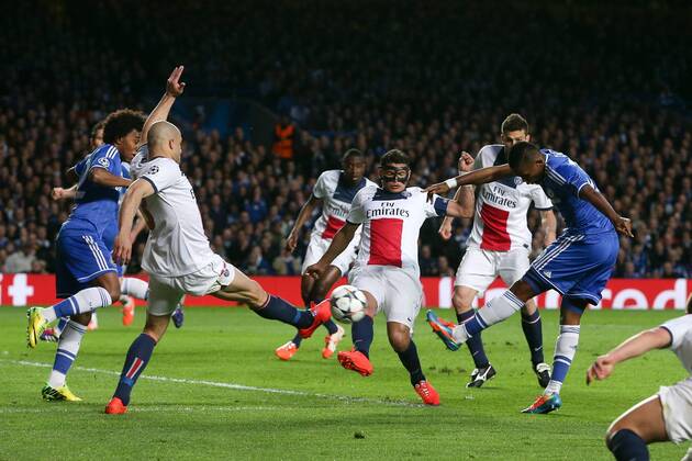 Samuel Eto o of Chelsea has a shot blocked - Chelsea vs Paris Saint-Germain - Champions League Quater-Final Second Leg - Stamford Bridge Stadium - London - 8th April 2014 - Pic Charlie Forgham-Bailey Sportimage EDITORIAL USE ONLY. No use with unauthorised audio, video, data, fixture lists, club league logos or live services. Online in-match use limited to 120 images, no video emulation. No use in betting, games or single club league player publications.