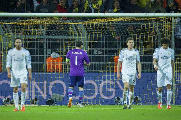 (L-R) Daniel Carvajal of Real Madrid. goalkeeper Iker Casillas of Real Madrid. Asier Illarramendi of Real Madrid, Pepe of Real Madrid, during the UEFA Champions League match between Borussia Dortmund and Real Madrid on April 8, 2013 at the Signal Iduna Park stadium in Dortmund, Germany. Borussia Dortmund v Real Madrid Champions League 2013 2014 xVIxxIVx 2226868