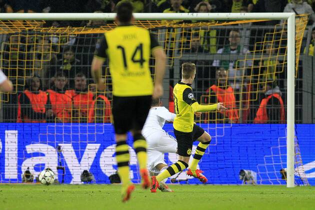 Marco Reus (Borussia Dortmund 11)mit dem Fuehrungs Tor zum 1:0 Borussia Dortmund vs Real Madrid C.F. --- Fussball --- Champions League --- Viertelfinale --- 08.04.2014 Foto: Schueler Eibner EP_JSE