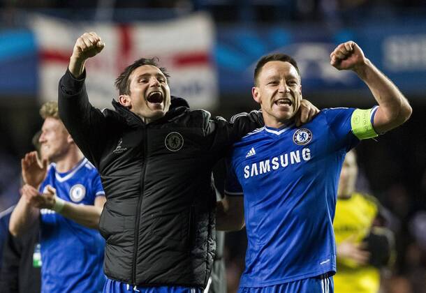 08.04.2014 London, England. Lampard and Terry celebrate their win after the UEFA Champions League match between Chelsea and Paris St-Germain from Stamford Bridge xDavidxFearnx  ActionPlus20350889