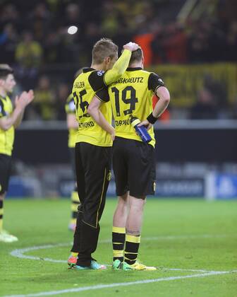 Lukasz Piszczek (Dortmund), links, rechts Michael Großkreutz (Dortmund), enttäuscht nach dem Spiel BVB Borussia Dortmund vs Real Madrid Champions League, Viertelfinale, 2013 2014, Fußball, Fussball, soccer, Herren, Deutschland, Germany, München, 8.4.2014 Allianz Arena