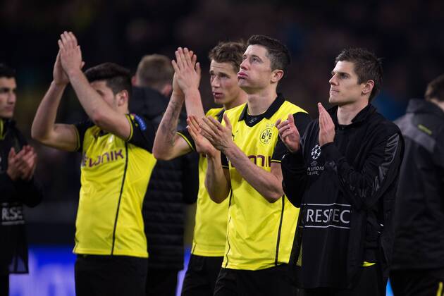 Robert Lewandowski of Dortmund looks glum following an aggregate defeat - UEFA Champions League - Quarter Final 2nd Leg - Borussia Dortmund vs. Real Madrid - Signal Iduna Park - Dortmund - Germany - 8th April 2014 - Picture Philip Oldham Sportimage EDITORIAL USE ONLY. No use with unauthorised audio, video, data, fixture lists, club league logos or live services. Online in-match use limited to 120 images, no video emulation. No use in betting, games or single club league player publications.