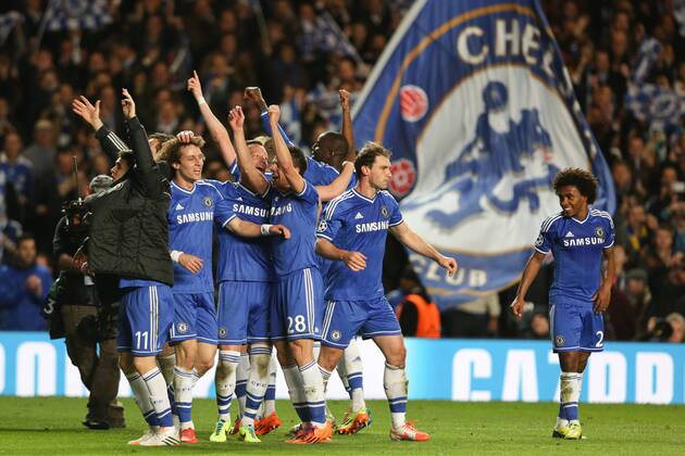 The Chelsea team celebrate their victory - Chelsea vs Paris Saint-Germain - Champions League Quater-Final Second Leg - Stamford Bridge Stadium - London - 8th April 2014 - Pic Charlie Forgham-Bailey Sportimage EDITORIAL USE ONLY. No use with unauthorised audio, video, data, fixture lists, club league logos or live services. Online in-match use limited to 120 images, no video emulation. No use in betting, games or single club league player publications.