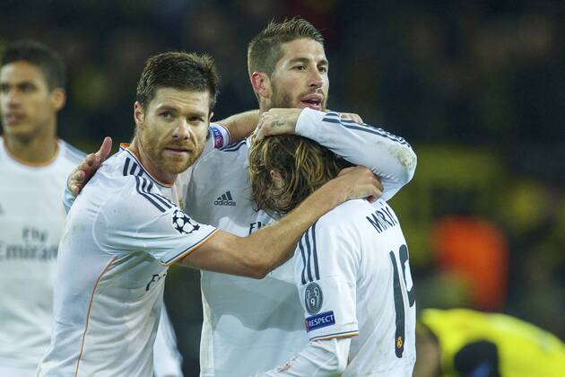 (L-R) Xabi Alonso of Real Madrid, Sergio Ramos of Real Madrid, Luka Modric of Real Madrid during the UEFA Champions League match between Borussia Dortmund and Real Madrid on April 8, 2013 at the Signal Iduna Park stadium in Dortmund, Germany. Borussia Dortmund v Real Madrid Champions League 2013 2014 xVIxxIVx 2227061