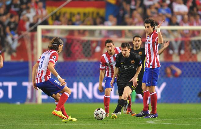09.04.2014, Fussball UEFA Champions League Viertelfinale, Atletico Madrid - FC Barcelona, v.l. Filipe Luis (Atl. Madrid) - Lionel Messi (FC Barcelona) Tiago Cardoso (Atl. Madrid)