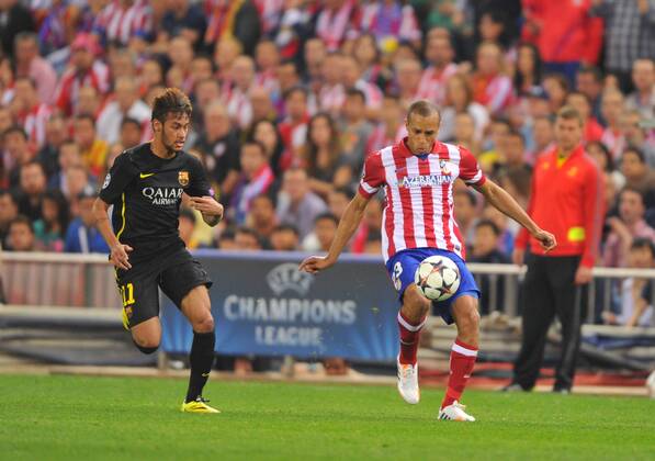 09.04.2014, Fussball UEFA Champions League Viertelfinale, Atletico Madrid - FC Barcelona, v.l. Neymar (FC Barcelona) - Joao Miranda (Atl. Madrid)
