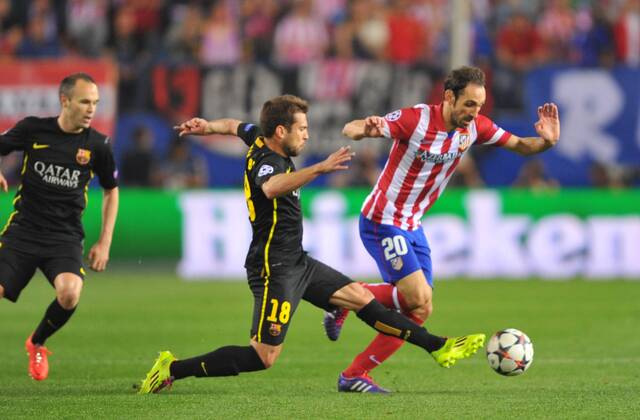 09.04.2014, Fussball UEFA Champions League Viertelfinale, Atletico Madrid - FC Barcelona, v.l. Jordi Alba (FC Barcelona) Juan Francisco Torres (Atl. Madrid)