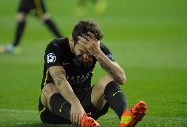 FC Barcelona s Midfielder number 4 Francesc Fabregas Soler - CESC FABREGAS (27 years) Round quarter-finals of the Champions league, soccer match between Atletico de Madrid - FC Barcelona at the Vicente Calderon estadium, Madrid - Spain by April 9, 2014. 