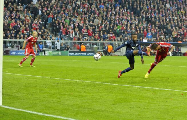 09.04.2014, Fussball Champions League 2013 2014, Viertelfinale, Rückspiel, FC Bayern München - Manchester United, in der Allianz-Arena München. Mario Mandzukic (Bayern München) trifft zum 1:1 
