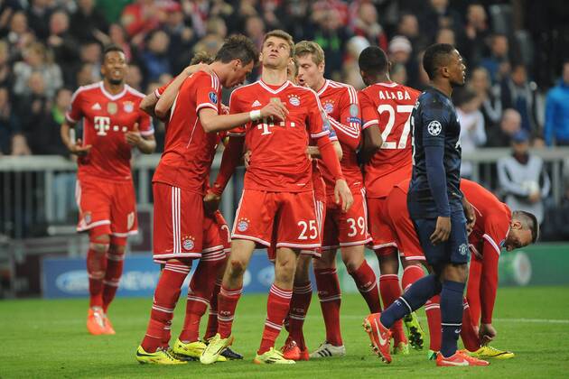 Stille Freude bei Thomas Müller (FC Bayern München) nach seinem Tor zum 2:1 Bayern München - Manchester United, Champions League, Viertelfinale, Fussball, 09.04.2014