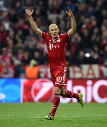 FUSSBALL CHAMPIONS LEAGUE VIERTELFINALE SAISON 2013 2014 FC Bayern München - Manchester United FC 09.04.2014 Arjen Robben (FC Bayern München) jubelt nach dem 3:1 