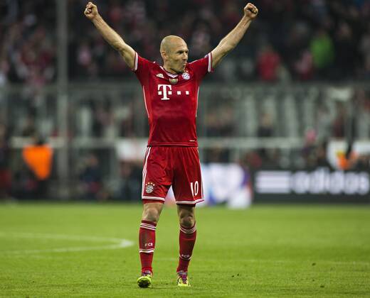 Schlussjubel: Arjen Robben (FCB) 09.04.2014, München, FC Bayern München vs. Manchester United FC