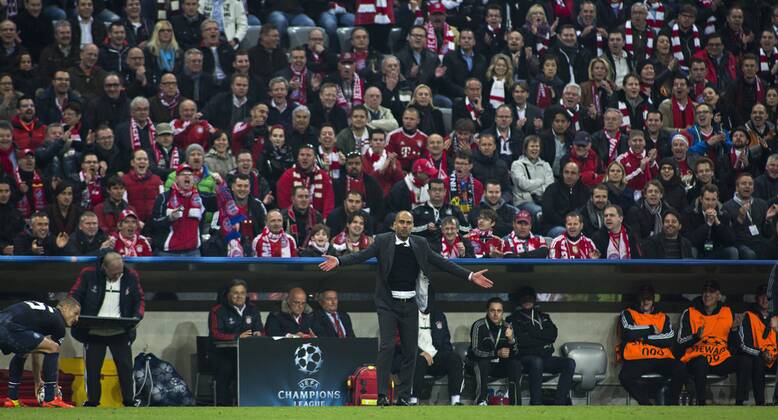 Trainer Josep Pep Guardiola (FCB) fordert die Fans auf mehr Unterstützung 09.04.2014, München, FC Bayern München vs. Manchester United FC