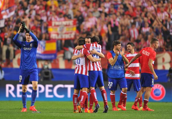 09.04.2014, Fussball UEFA Champions League Viertelfinale, Atletico Madrid - FC Barcelona, v.l. Celebration