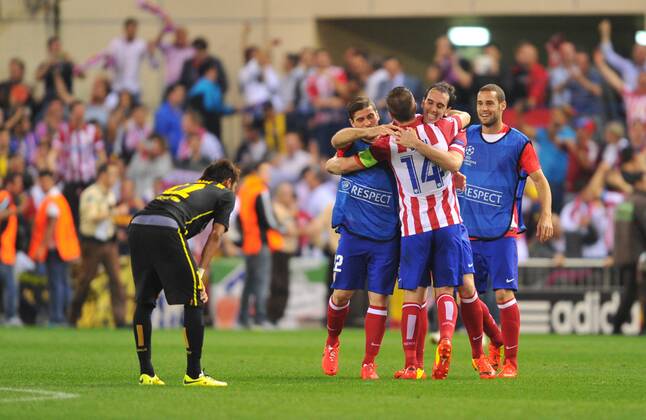 09.04.2014, Fussball UEFA Champions League Viertelfinale, Atletico Madrid - FC Barcelona, v.l. Neymar (FC Barcelona) - Celebration