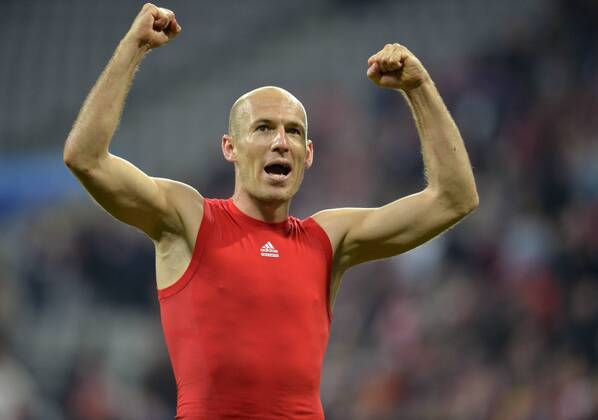 09.04.2014, Fussball Champions League 2013 2014, Viertelfinale, Rückspiel, FC Bayern München - Manchester United, in der Allianz-Arena München. Schlussjubel Arjen Robben (Bayern München). 