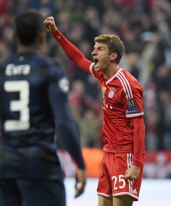 FUSSBALL CHAMPIONS LEAGUE VIERTELFINALE SAISON 2013 2014 FC Bayern München - Manchester United FC 09.04.2014 Thomas Müller (FC Bayern München) jubelt über sein Tor zum 2:1 