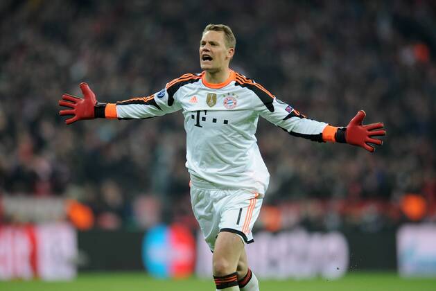 Football - 2013 2014 Champions League - Quarter-Final, Second Leg: Bayern Munich vs. Manchester United Manuel Neuer of Bayern Munich celebrates their first goal at the Allianz Arena, Munich 