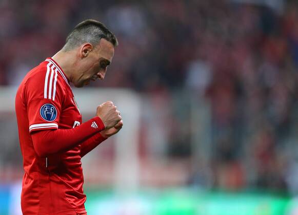 FUSSBALL - CL, Bayern vs Manchester MÜNCHEN,DEUTSCHLAND,09.APR.14 - FUSSBALL - UEFA Champions League, Viertelfinale, FC Bayern München vs Manchester United. Bild zeigt den Jubel von Franck Ribery (Bayern). 