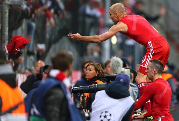 FUSSBALL - CL, Bayern vs Manchester MÜNCHEN,DEUTSCHLAND,09.APR.14 - FUSSBALL - UEFA Champions League, Viertelfinale, FC Bayern München vs Manchester United. Bild zeigt Arjen Robben und Franck Ribery (Bayern). 