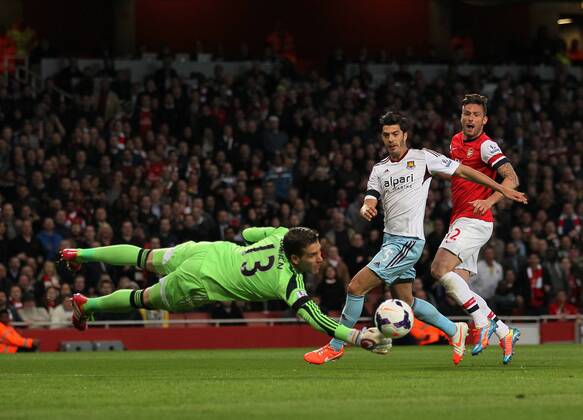 Arsenal s olivier Giroud sees his shot saved by West Ham s Adrian Arsenal vs West Ham United- Barclays Premier League - Emirates Stadium - London - England - 15 04 2014 - Pic David Klein Sportimage EDITORIAL USE ONLY. No use with unauthorised audio, video, data, fixture lists, club league logos or live services. Online in-match use limited to 120 images, no video emulation. No use in betting, games or single club league player publications.