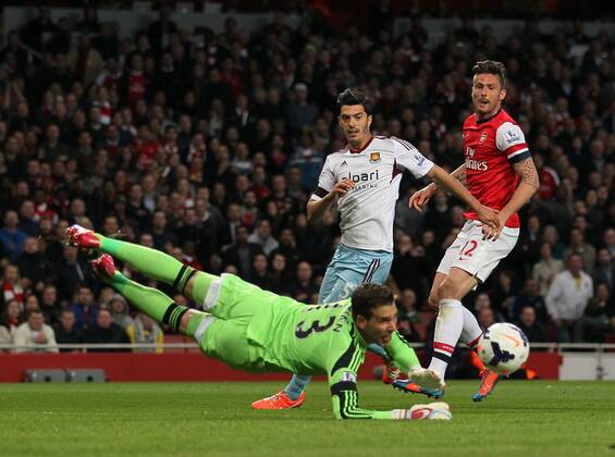 Arsenal s olivier Giroud sees his shot saved by West Ham s Adrian Arsenal vs West Ham United- Barclays Premier League - Emirates Stadium - London - England - 15 04 2014 - Pic David Klein Sportimage EDITORIAL USE ONLY. No use with unauthorised audio, video, data, fixture lists, club league logos or live services. Online in-match use limited to 120 images, no video emulation. No use in betting, games or single club league player publications.