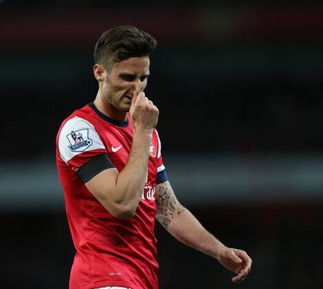 Arsenal s Olivier Giroud looks on dejected Arsenal vs West Ham United- Barclays Premier League - Emirates Stadium - London - England - 15 04 2014 - Pic David Klein Sportimage EDITORIAL USE ONLY. No use with unauthorised audio, video, data, fixture lists, club league logos or live services. Online in-match use limited to 120 images, no video emulation. No use in betting, games or single club league player publications.