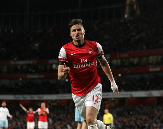 Arsenal s Olivier Giroud celebrates scoring his sides second goal Arsenal vs West Ham United- Barclays Premier League - Emirates Stadium - London - England - 15 04 2014 - Pic David Klein Sportimage EDITORIAL USE ONLY. No use with unauthorised audio, video, data, fixture lists, club league logos or live services. Online in-match use limited to 120 images, no video emulation. No use in betting, games or single club league player publications.