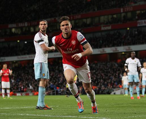 Arsenal s Olivier Giroud celebrates scoring his sides second goal Arsenal vs West Ham United- Barclays Premier League - Emirates Stadium - London - England - 15 04 2014 - Pic David Klein Sportimage EDITORIAL USE ONLY. No use with unauthorised audio, video, data, fixture lists, club league logos or live services. Online in-match use limited to 120 images, no video emulation. No use in betting, games or single club league player publications.
