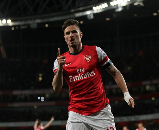 Arsenal s Olivier Giroud celebrates scoring his sides second goal Arsenal vs West Ham United- Barclays Premier League - Emirates Stadium - London - England - 15 04 2014 - Pic David Klein Sportimage EDITORIAL USE ONLY. No use with unauthorised audio, video, data, fixture lists, club league logos or live services. Online in-match use limited to 120 images, no video emulation. No use in betting, games or single club league player publications.