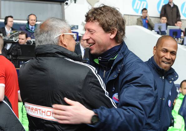 Football - 2013 2014 Premier League - Tottenham Hotspur vs. Fulham Tottenham s Steffen Freund greets fellow German Felix Magath (Fulham Manager) at White Hart Lane. Colorsport Andrew Cowie 