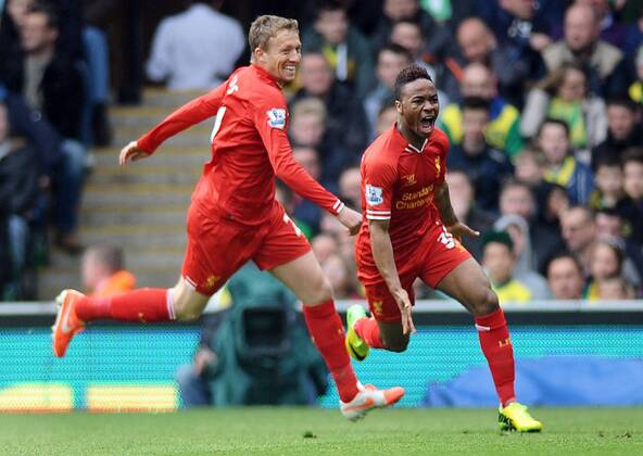 Football - 2013 2014 Premier League - Norwich City vs. Liverpool Liverpool s Raheem Sterling celebrates scoring goal no. 1 with Lucas at Carrow Road. Colorsport Andrew Cowie 