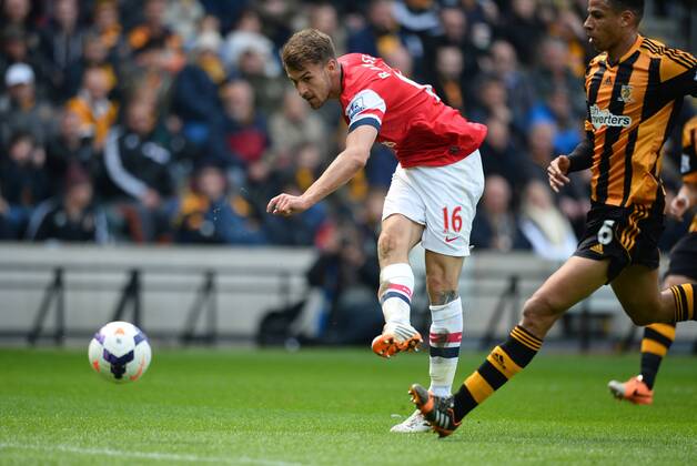 Aaron Ramsey of Arsenal scores the first goal - Barclays Premier League - Hull City v Arsenal - KC Stadium - Hull - England - 20th April 2014 - Pic Simon Bellis Sportimage EDITORIAL USE ONLY. No use with unauthorised audio, video, data, fixture lists, club league logos or live services. Online in-match use limited to 120 images, no video emulation. No use in betting, games or single club league player publications.