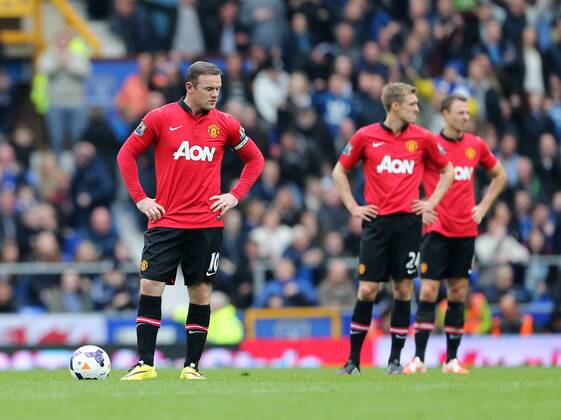 Manchester United s Wayne Rooney looks on dejected after going 1-0 down Everton vs Manchester United- Barclays Premier League - Goodison Park - Liverpool - England - 20 04 2014 - EDITORIAL USE ONLY. No use with unauthorised audio, video, data, fixture lists, club league logos or live services. Online in-match use limited to 120 images, no video emulation. No use in betting, games or single club league player publications.