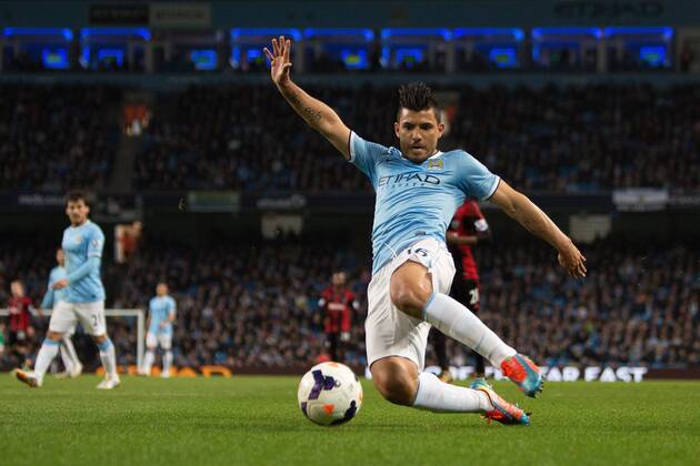 Sergio Kun Aguero of Manchester City in action - Barclays Premier League - Manchester City vs. West Bromwich Albion - Etihad Stadium - Manchester - England - 21st April 2014 - Pic by Philip Oldham SportImage EDITORIAL USE ONLY. No use with unauthorised audio, video, data, fixture lists, club league logos or live services. Online in-match use limited to 120 images, no video emulation. No use in betting, games or single club league player publications.