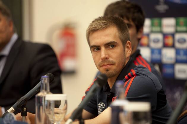 FC Bayern München s Javier Martinez and Philipp Lahm attends Press Conference at Intercontinental Hotel in Madrid, Spain. April 22, 2014.  (20186920)