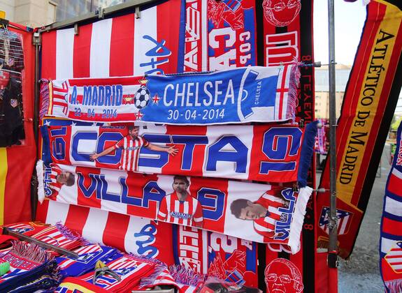 Atletico Madrid scarves outside the stadium - Champions League, SemiFinal, First leg - Vicente Calderon Stadium - 22 04 2014 - EDITORIAL USE ONLY. No use with unauthorised audio, video, data, fixture lists, club league logos or live services. Online in-match use limited to 120 images, no video emulation. No use in betting, games or single club league player publications.