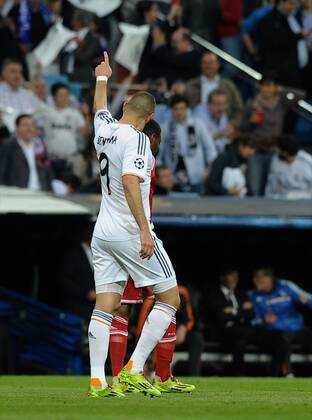 Real Madrid Forward, number 9 BENZEMA - Karim Benzema (25), celebrates after scoring a goal (1-0) during round Semifinal of the Champions League league, soccer match between Real Madrid - FC Bayern Munich at the Santiago Bernabeu estadium, Madrid - Spain by April 23, 2014. 