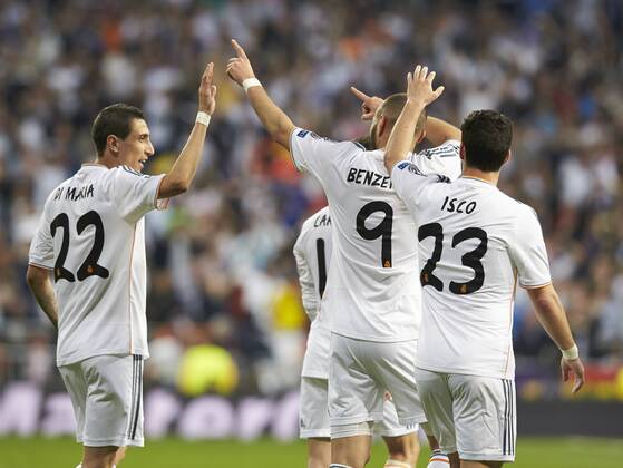 23.04.2014 Madrid, Spain. Forward Karim Benzema of Real Madrid celebrates after scoring the first goal for his team during the UEFA Champions League Game between Real Madrid and FC Bayern Munchen at Santiago Bernabeu Stadium, xIvanxArlandisx  ActionPlus20187664