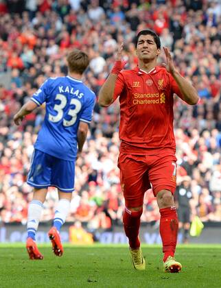 Luis Suarez of Liverpool dejected after missing a chance to score - Barclays Premier League - Liverpool v Chelsea - Anfield Stadium - Liverpool - England - 27th April 2014 - Pic SimonBellis Sportimage EDITORIAL USE ONLY. No use with unauthorised audio, video, data, fixture lists, club league logos or live services. Online in-match use limited to 120 images, no video emulation. No use in betting, games or single club league player publications.