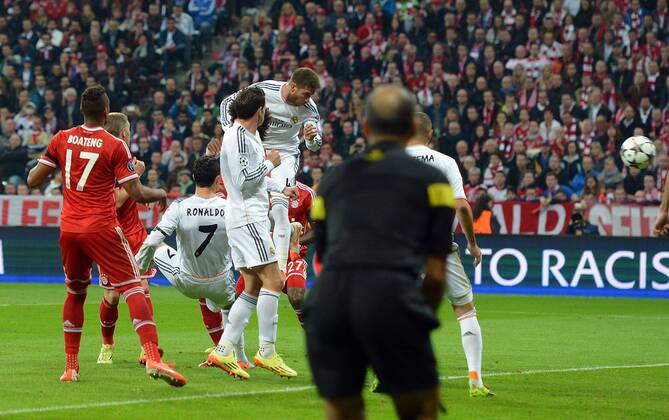 29.04.2014, xjhx, Fussball Champions League Halbfinale, FC Bayern München - Real Madrid, v.l. Sergio Ramos (Real Madrid) Goal scored, Tor zum 0:1